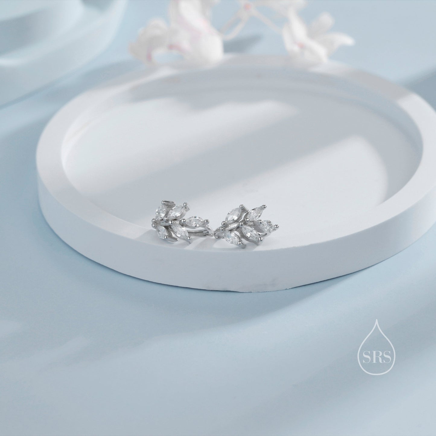 CZ Leaf Huggie Hoop Earrings in Sterling Silver, Silver or Gold or Rose Gold, Clear CZ or Green CZ Hoop Earrings