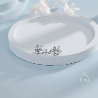 CZ Leaf Huggie Hoop Earrings in Sterling Silver, Silver or Gold or Rose Gold, Clear CZ or Green CZ Hoop Earrings