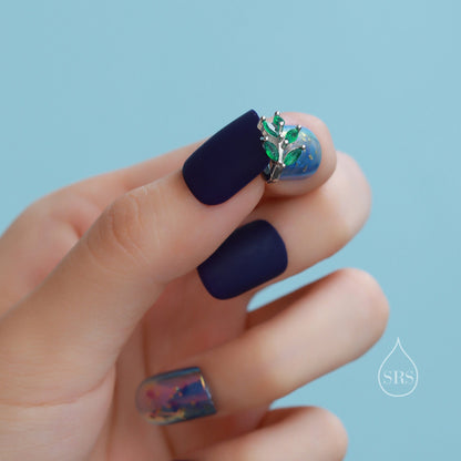 CZ Leaf Huggie Hoop Earrings in Sterling Silver, Silver or Gold or Rose Gold, Clear CZ or Green CZ Hoop Earrings