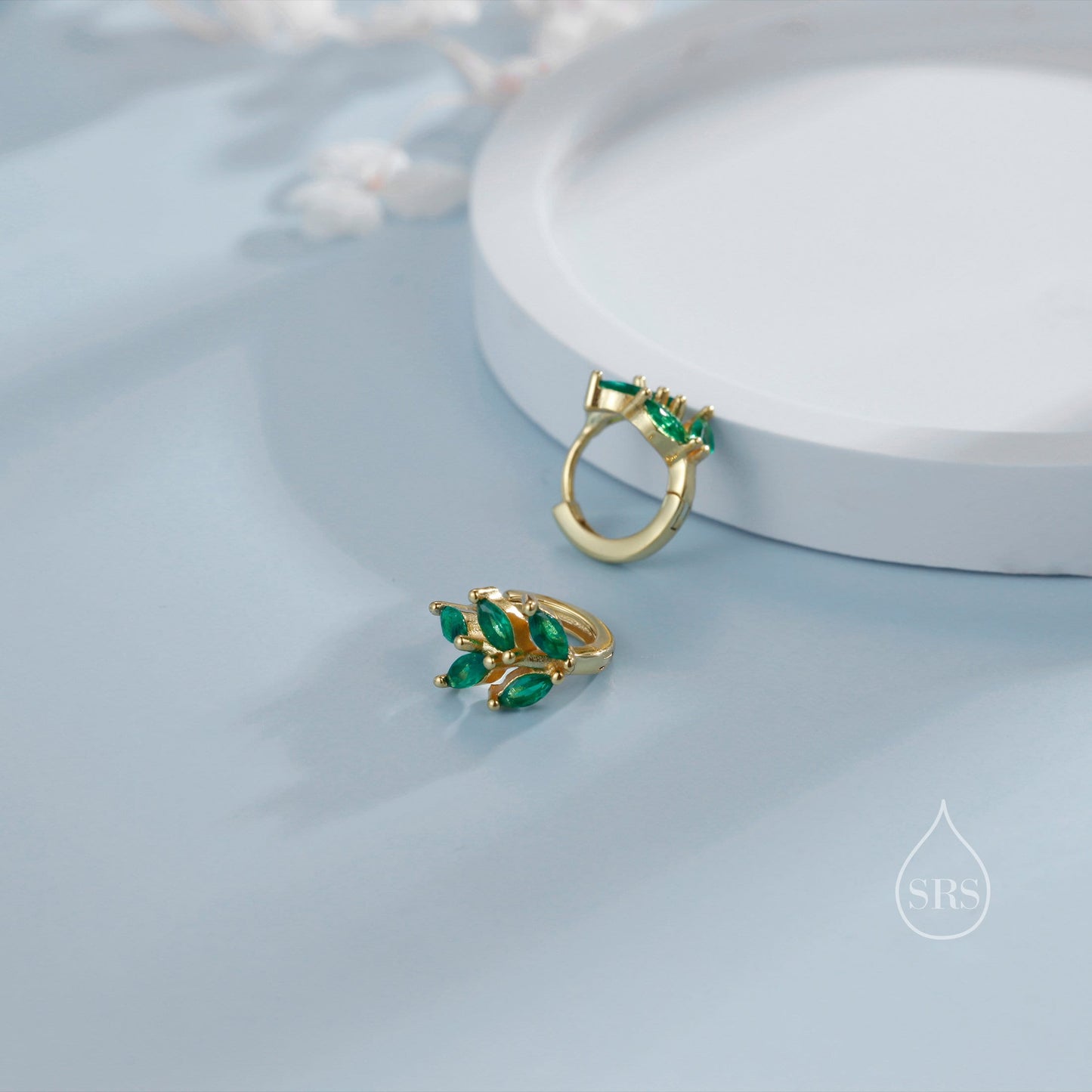 CZ Leaf Huggie Hoop Earrings in Sterling Silver, Silver or Gold or Rose Gold, Clear CZ or Green CZ Hoop Earrings