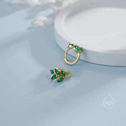 CZ Leaf Huggie Hoop Earrings in Sterling Silver, Silver or Gold or Rose Gold, Clear CZ or Green CZ Hoop Earrings