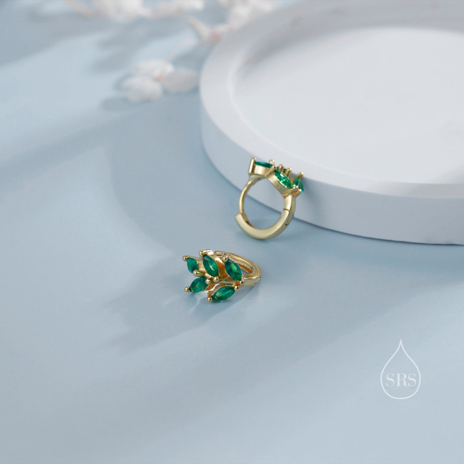 CZ Leaf Huggie Hoop Earrings in Sterling Silver, Silver or Gold or Rose Gold, Clear CZ or Green CZ Hoop Earrings