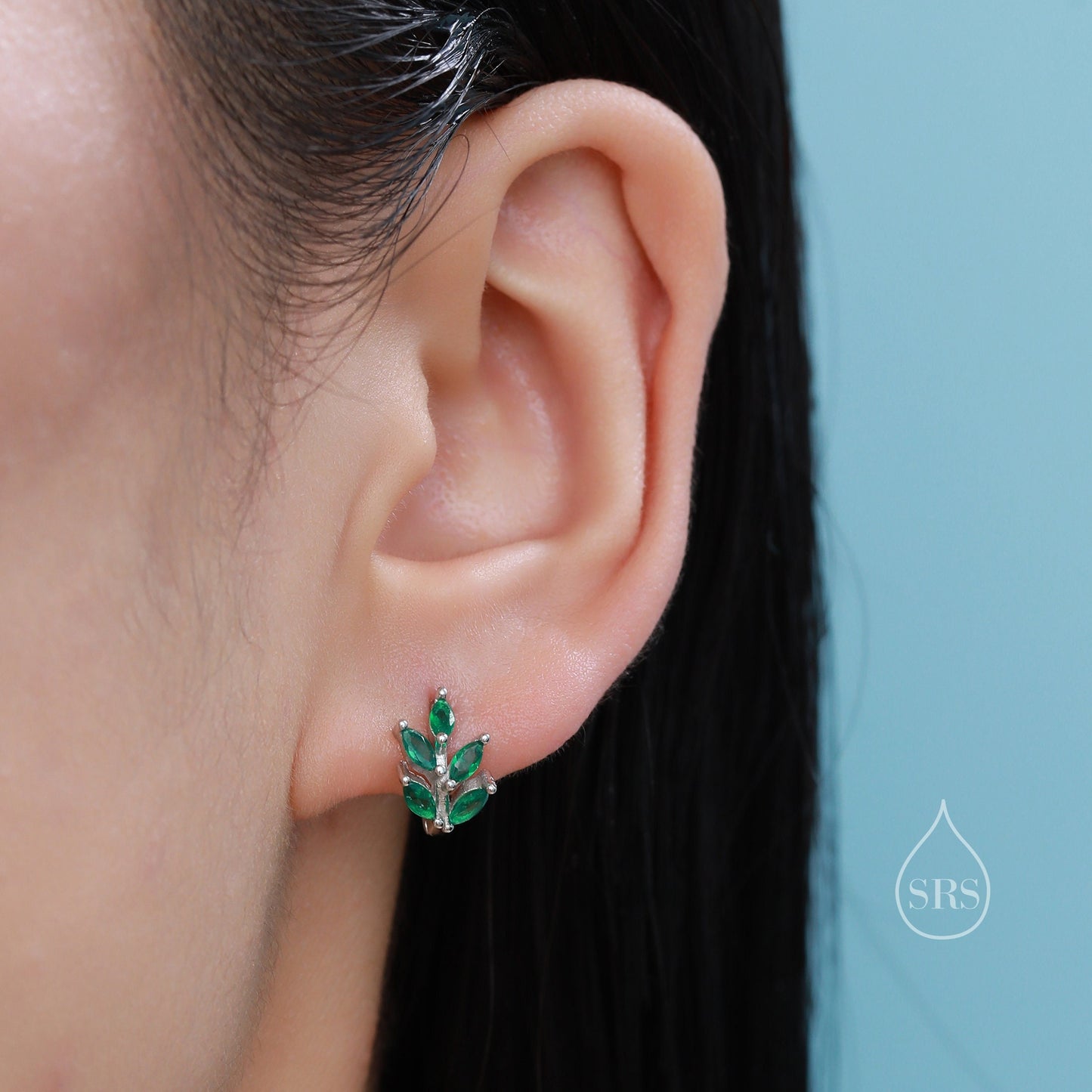 CZ Leaf Huggie Hoop Earrings in Sterling Silver, Silver or Gold or Rose Gold, Clear CZ or Green CZ Hoop Earrings