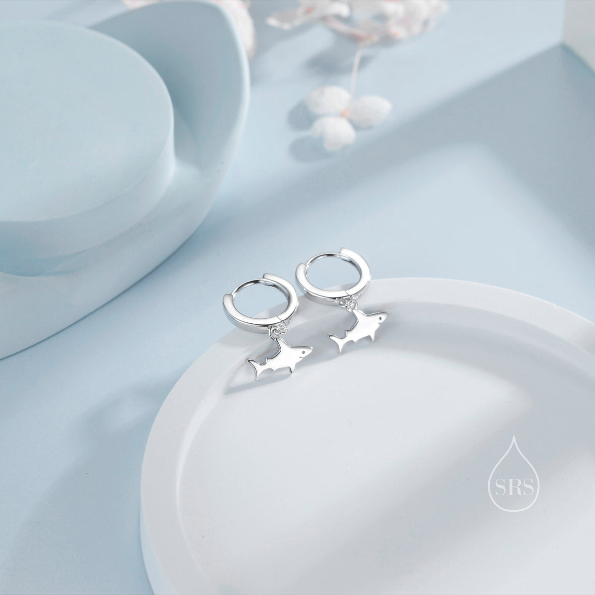 Tiny Shark Fish Huggie Hoop Earrings in Sterling Silver, Fish Earrings,Shark Fish Dangle Hoops, Fish Hoops, Ocean Animal Earrings