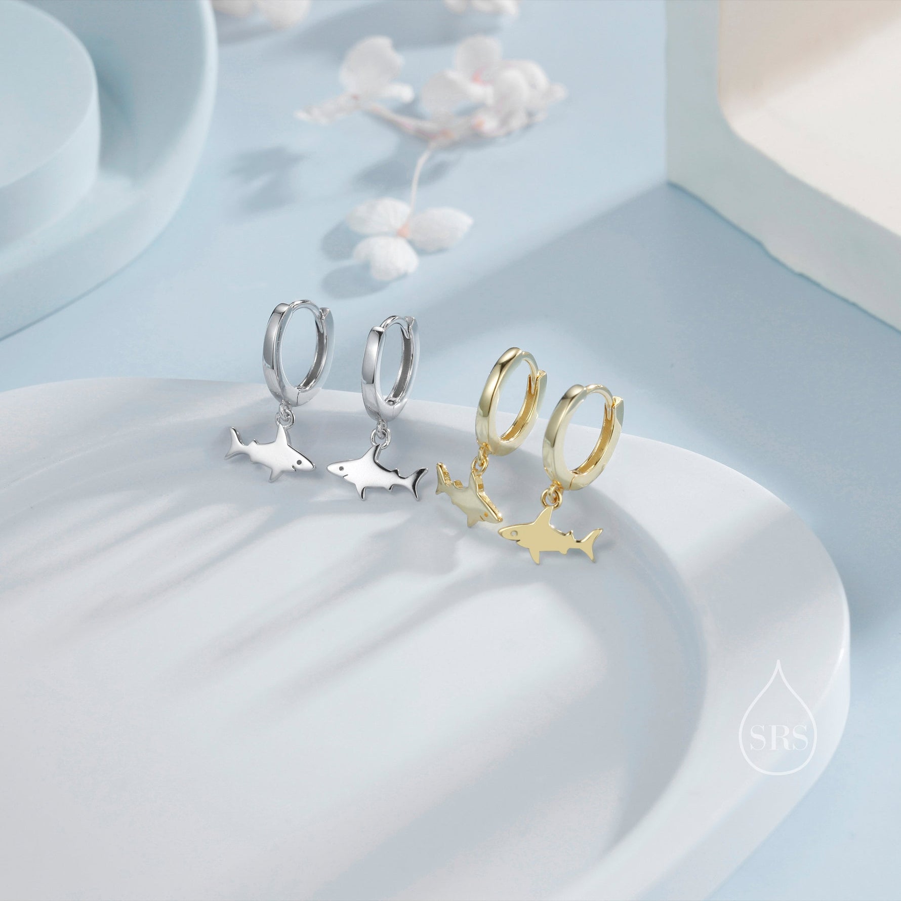 Tiny Shark Fish Huggie Hoop Earrings in Sterling Silver, Fish Earrings,Shark Fish Dangle Hoops, Fish Hoops, Ocean Animal Earrings