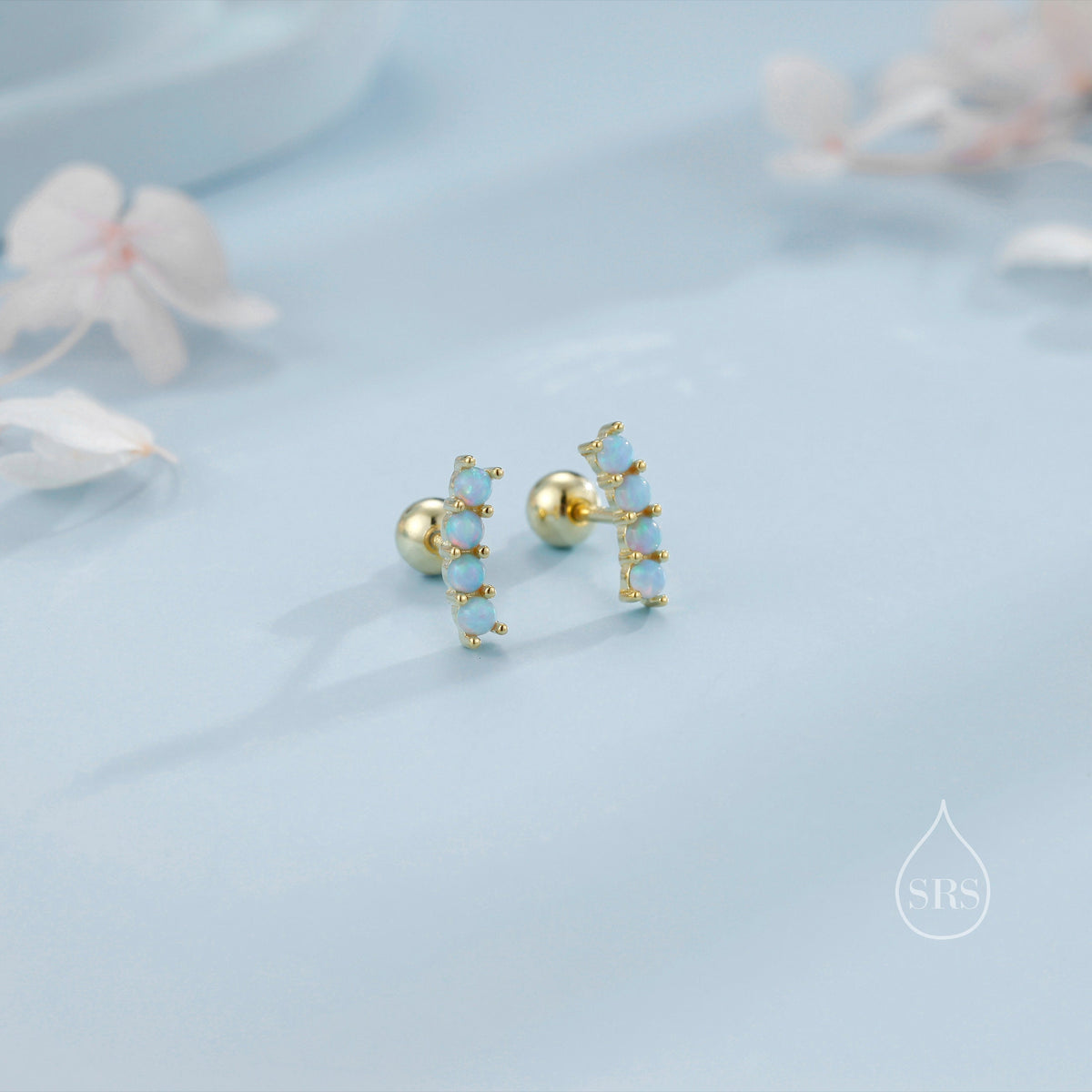 Tiny Opal Curved Bar Screw Back Earrings in Sterling Silver, Silver or Gold, White Opal or Blue Opal Screw Back Earrings, Fire Opal