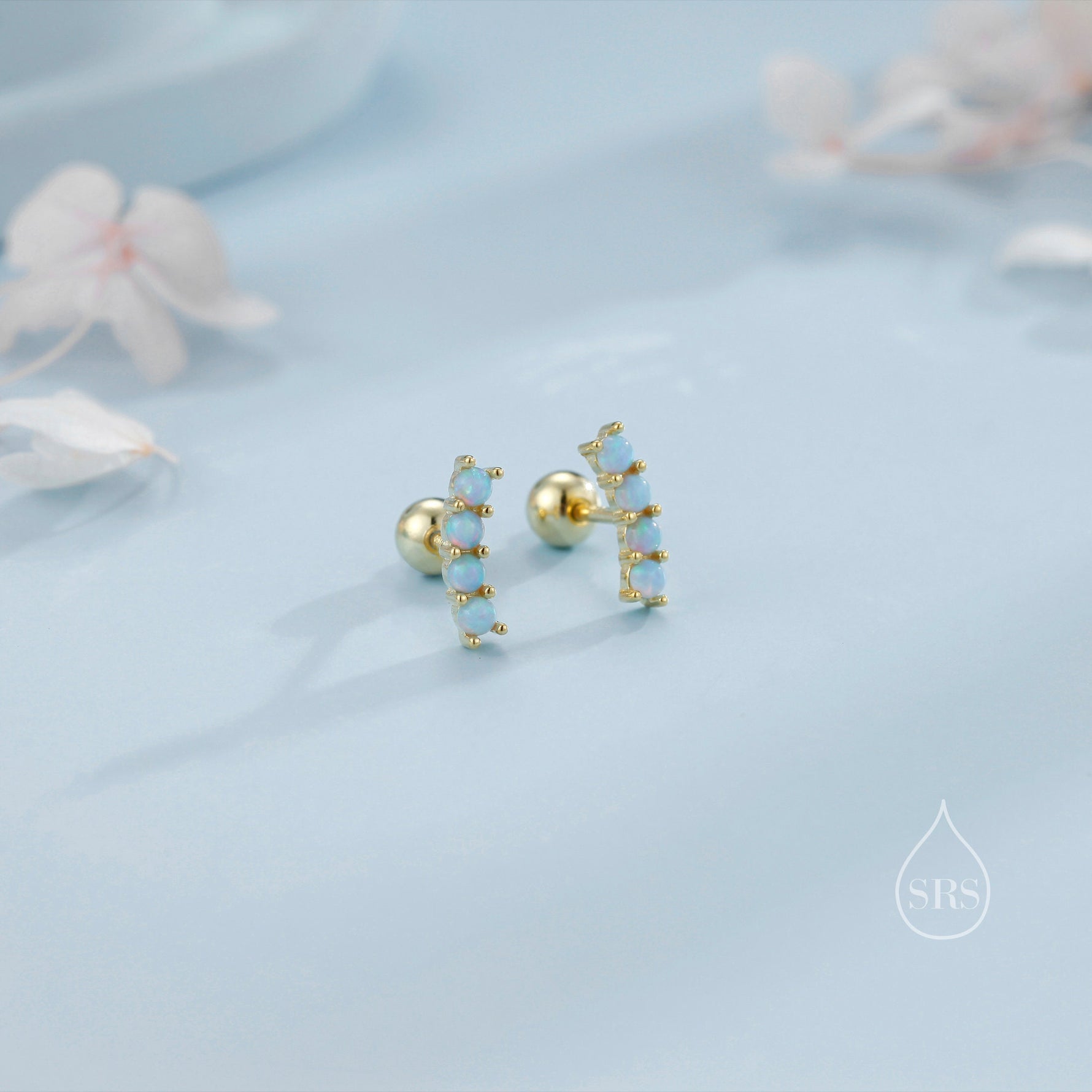Tiny Opal Curved Bar Screw Back Earrings in Sterling Silver, Silver or Gold, White Opal or Blue Opal Screw Back Earrings, Fire Opal