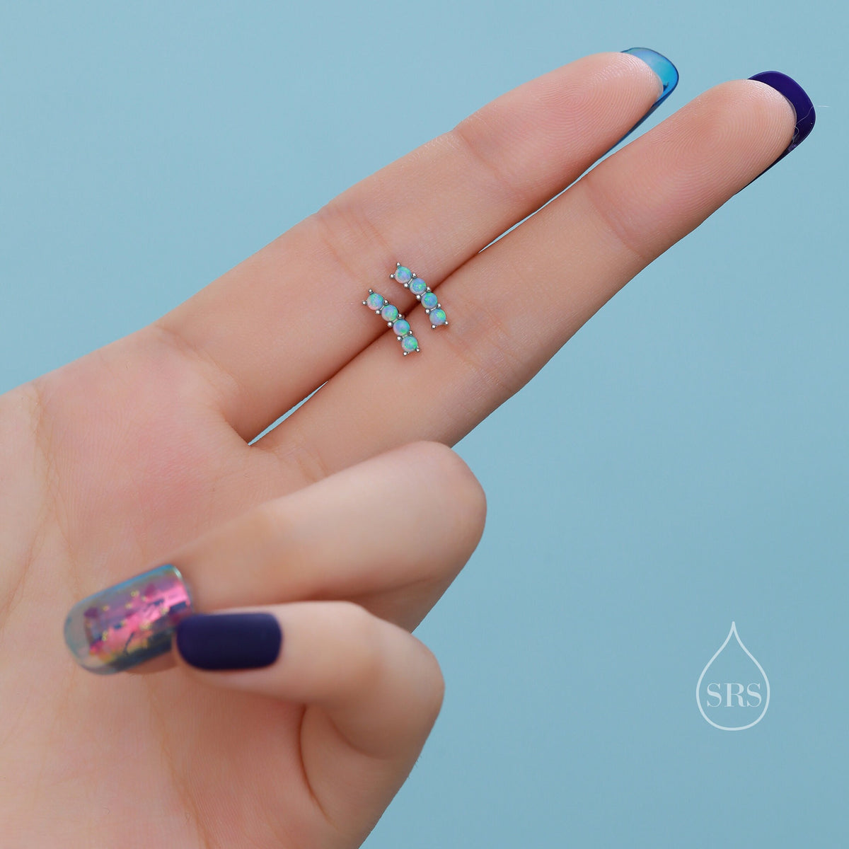 Tiny Opal Curved Bar Screw Back Earrings in Sterling Silver, Silver or Gold, White Opal or Blue Opal Screw Back Earrings, Fire Opal