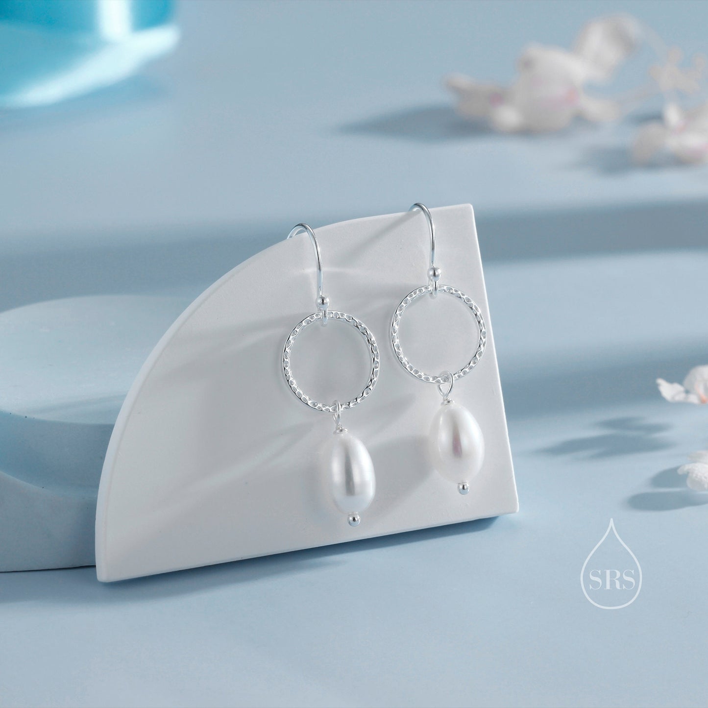 Genuine Freshwater Pearl Drop Hook Earrings with Circle in Sterling Silver, Delicate Keshi Pearl Earrings, Baroque Pearl Dangle Earrings