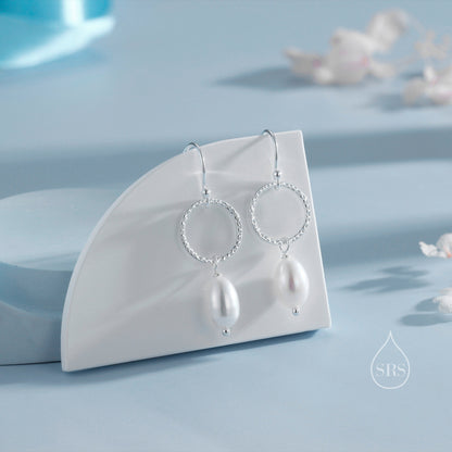 Genuine Freshwater Pearl Drop Hook Earrings with Circle in Sterling Silver, Delicate Keshi Pearl Earrings, Baroque Pearl Dangle Earrings