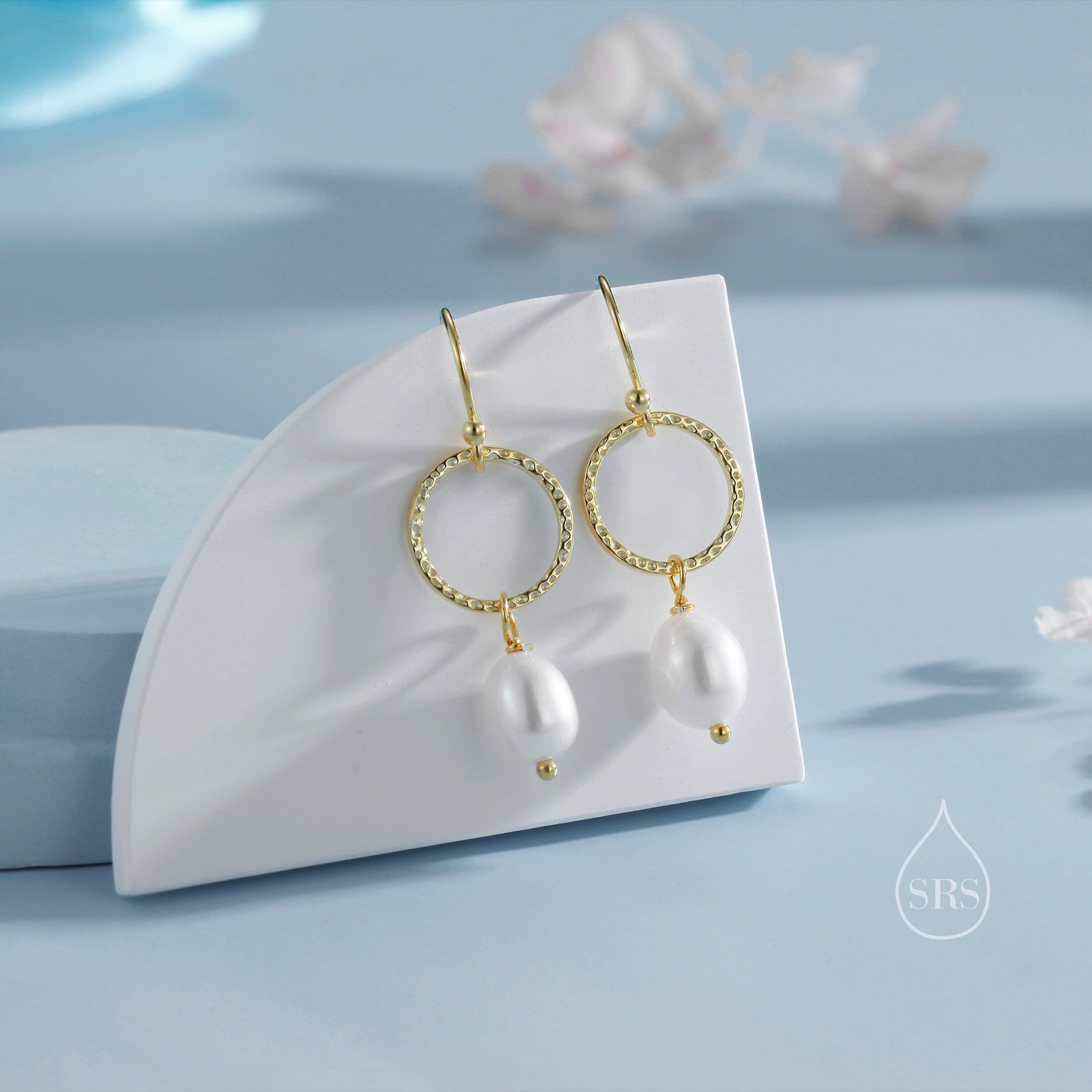Genuine Freshwater Pearl Drop Hook Earrings with Circle in Sterling Silver, Delicate Keshi Pearl Earrings, Baroque Pearl Dangle Earrings