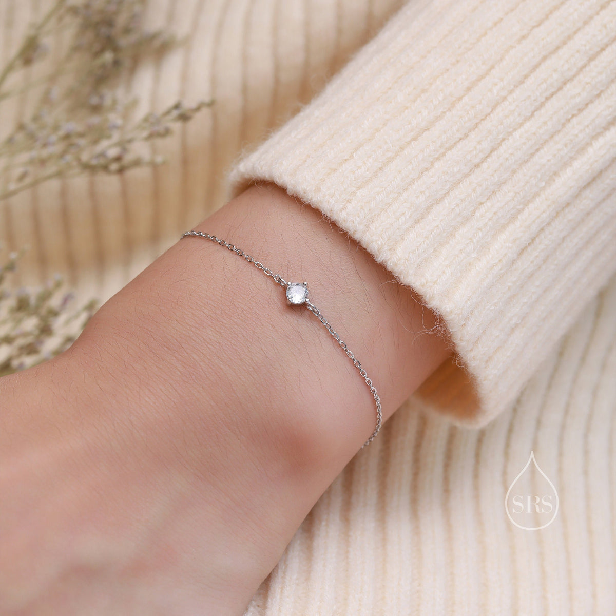 Extra Tiny CZ Bracelet in Sterling Silver, Silver or Gold or Rose Gold, Single CZ Bracelet, Tiny Delicate Bracelet