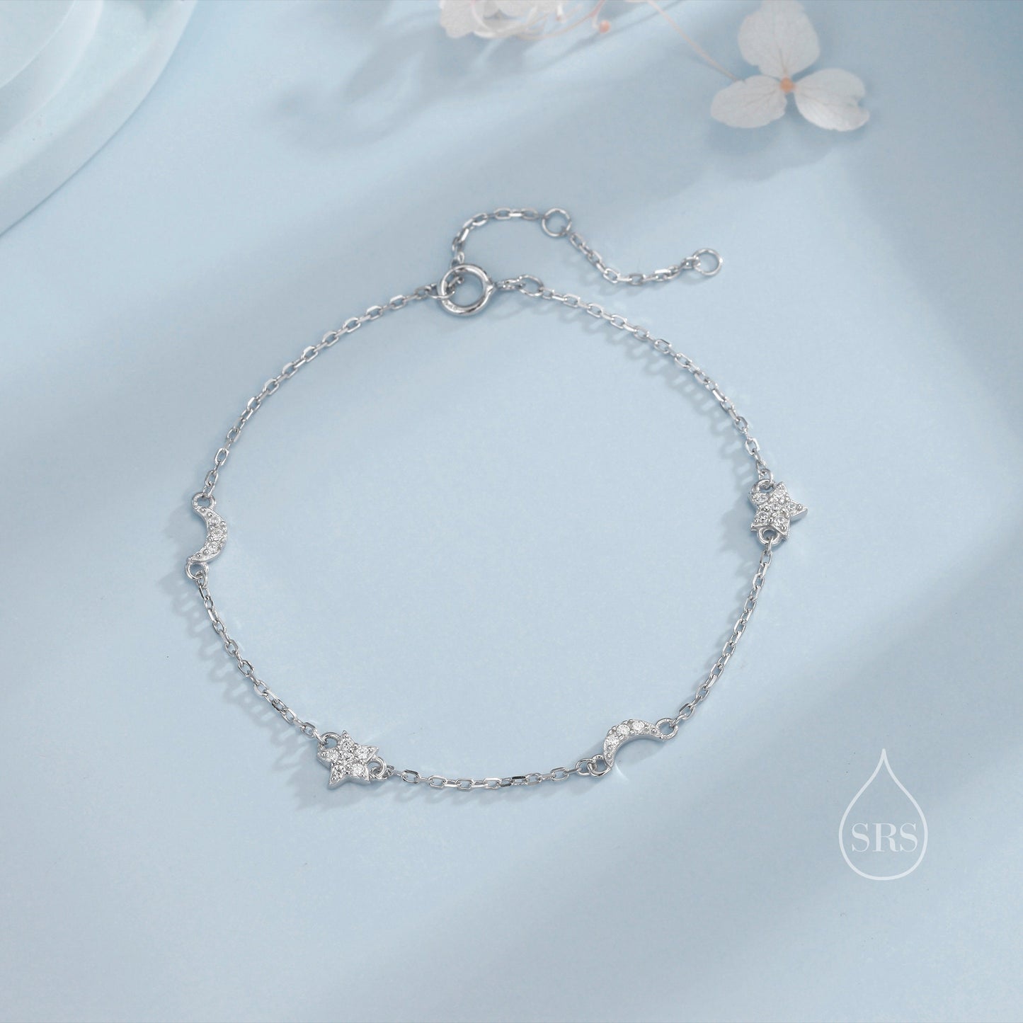 CZ Moon and Star Motif Bracelet in Sterling Silver, Silver, Gold or Rose Gold, Star Bracelet, Star Jewellery, CZ Star Bracelet