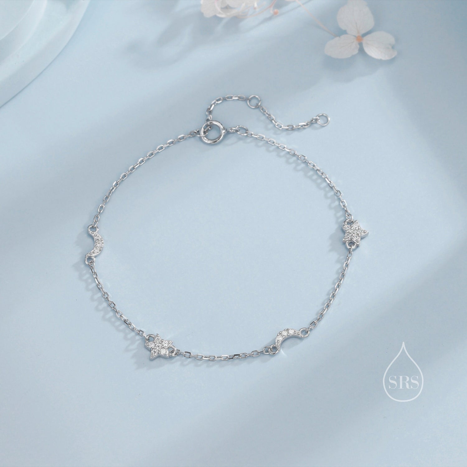 CZ Moon and Star Motif Bracelet in Sterling Silver, Silver, Gold or Rose Gold, Star Bracelet, Star Jewellery, CZ Star Bracelet