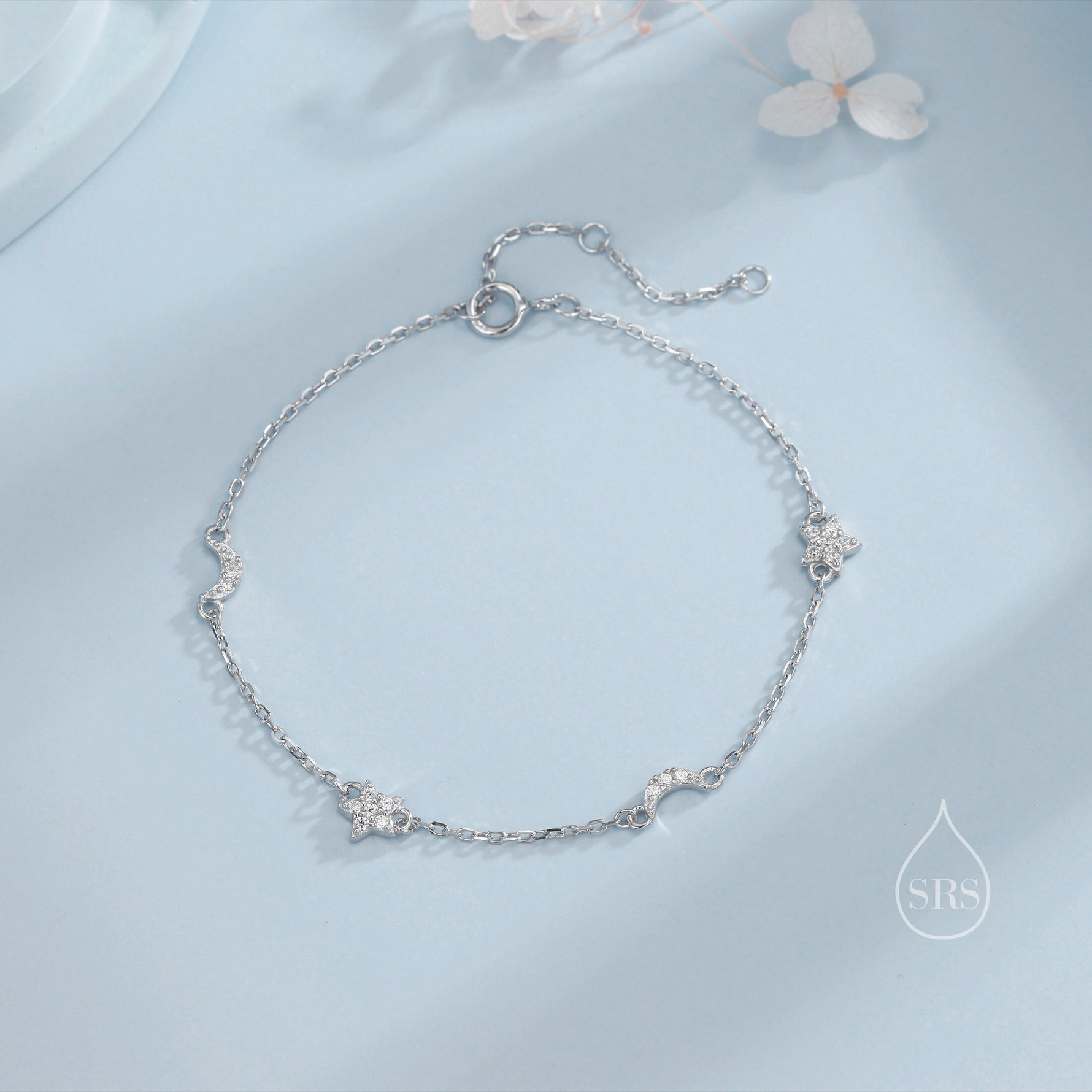 CZ Moon and Star Motif Bracelet in Sterling Silver, Silver, Gold or Rose Gold, Star Bracelet, Star Jewellery, CZ Star Bracelet