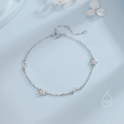 CZ Moon and Star Motif Bracelet in Sterling Silver, Silver, Gold or Rose Gold, Star Bracelet, Star Jewellery, CZ Star Bracelet