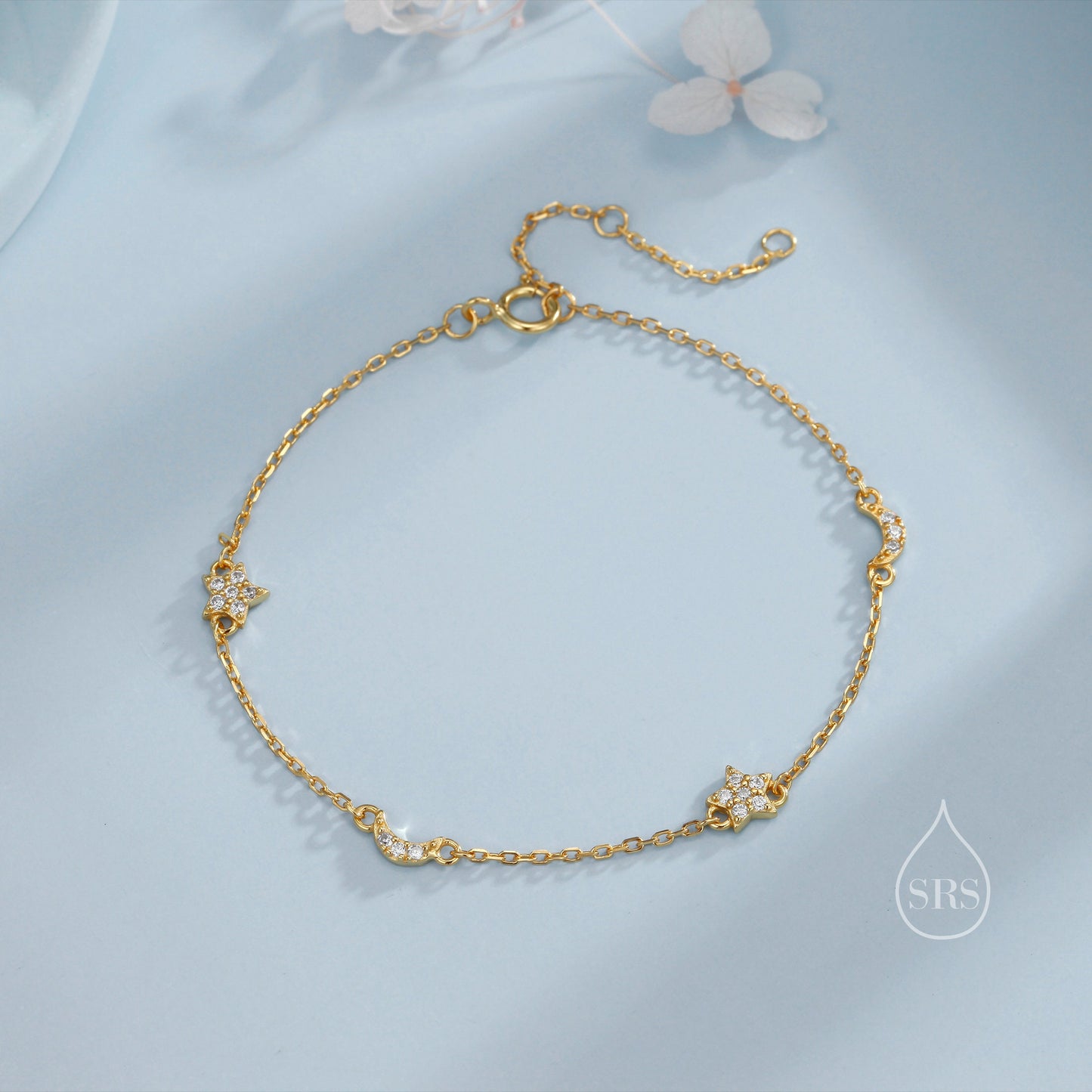 CZ Moon and Star Motif Bracelet in Sterling Silver, Silver, Gold or Rose Gold, Star Bracelet, Star Jewellery, CZ Star Bracelet