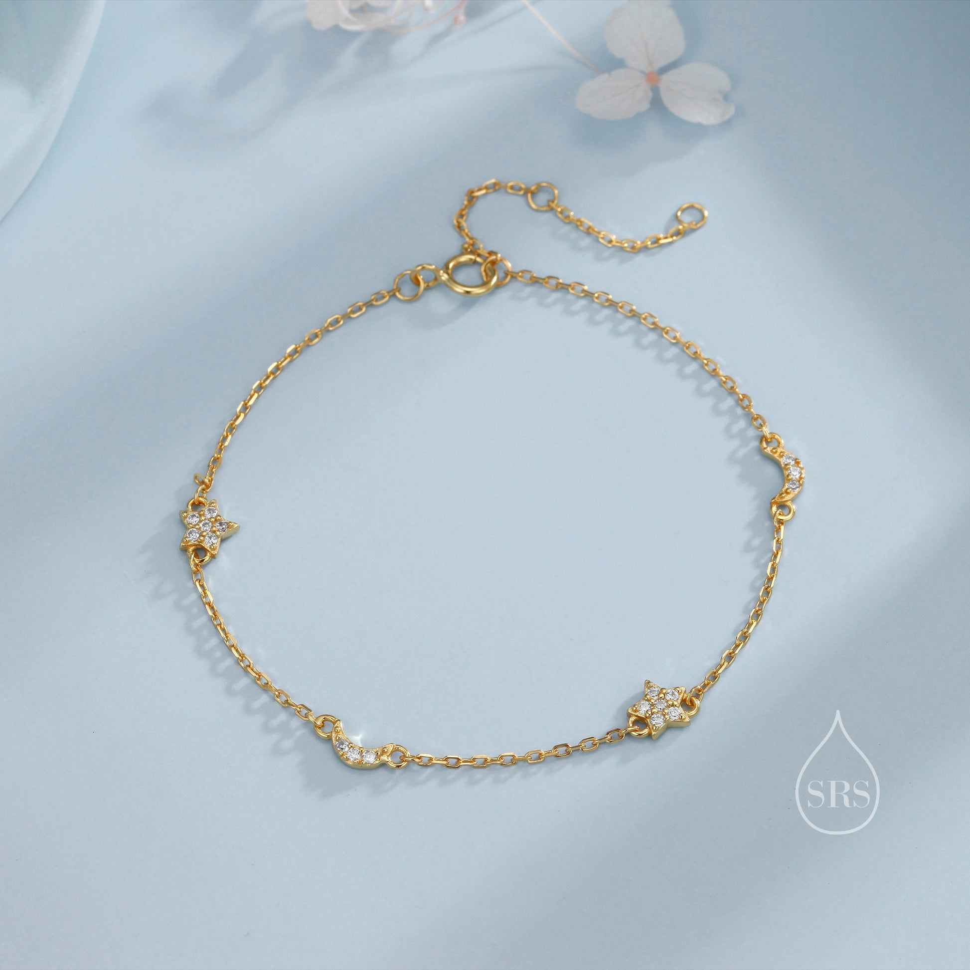 CZ Moon and Star Motif Bracelet in Sterling Silver, Silver, Gold or Rose Gold, Star Bracelet, Star Jewellery, CZ Star Bracelet