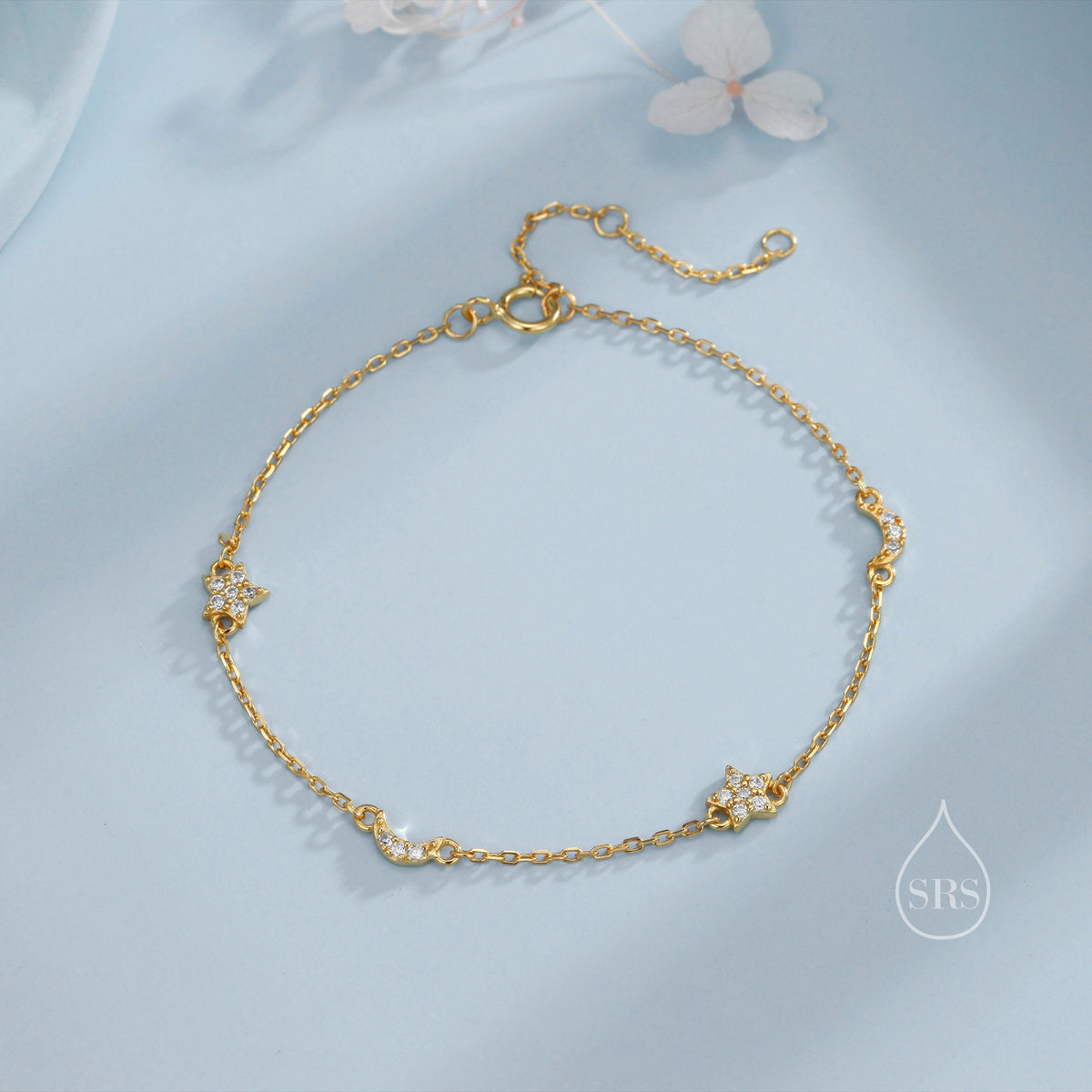 CZ Moon and Star Motif Bracelet in Sterling Silver, Silver, Gold or Rose Gold, Star Bracelet, Star Jewellery, CZ Star Bracelet