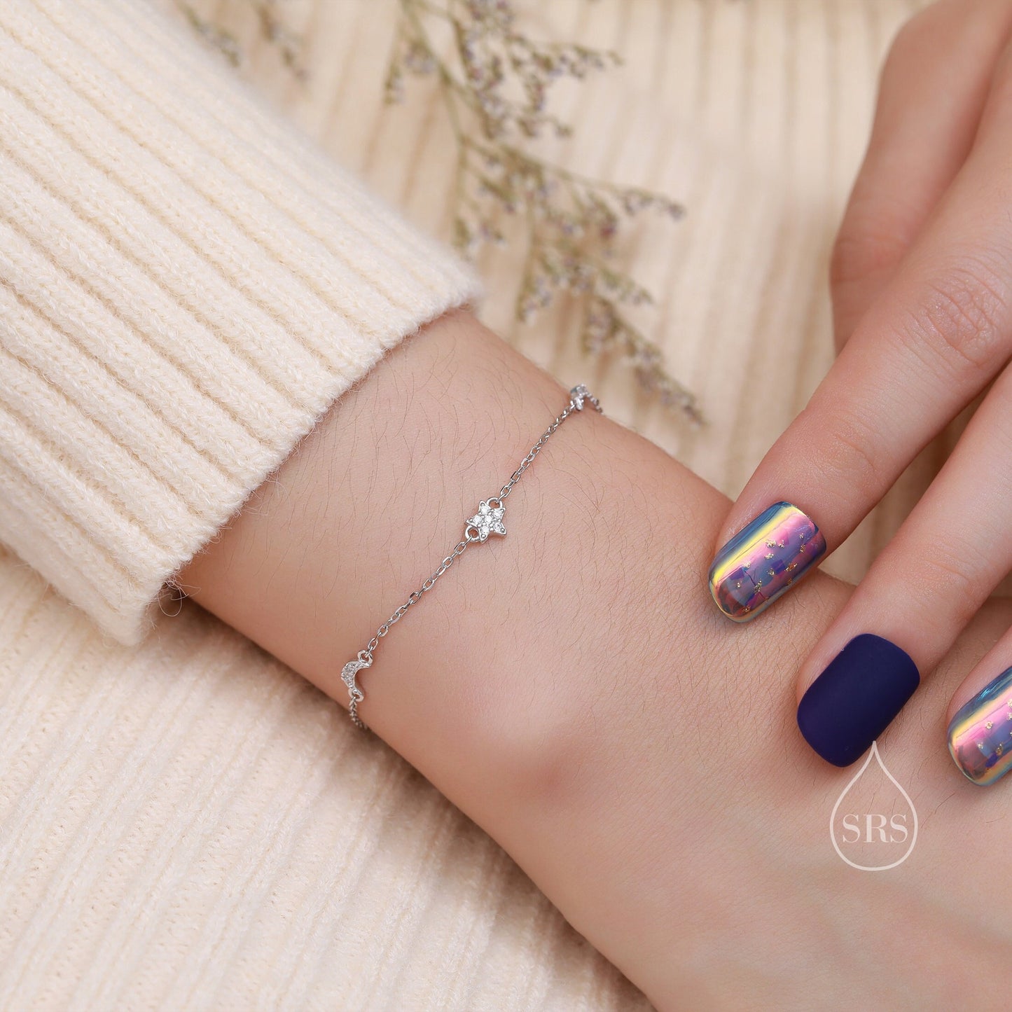 CZ Moon and Star Motif Bracelet in Sterling Silver, Silver, Gold or Rose Gold, Star Bracelet, Star Jewellery, CZ Star Bracelet