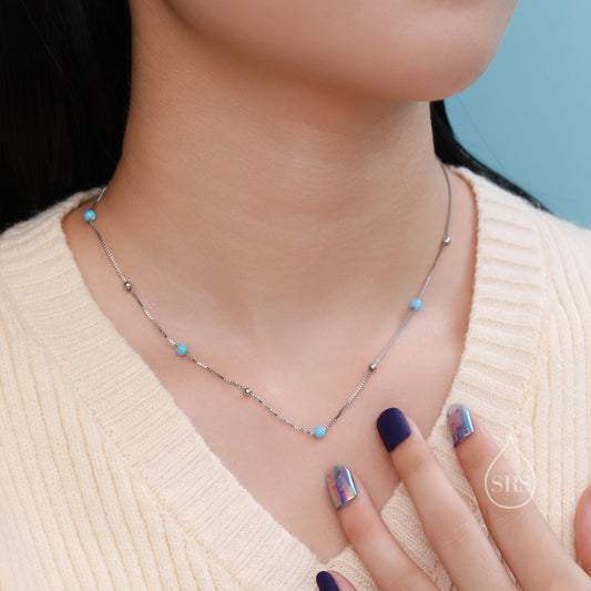 Opal Bead Motif Choker Necklace in Sterling Silver, Silver or Gold, Blue Opal or White Opal Necklace