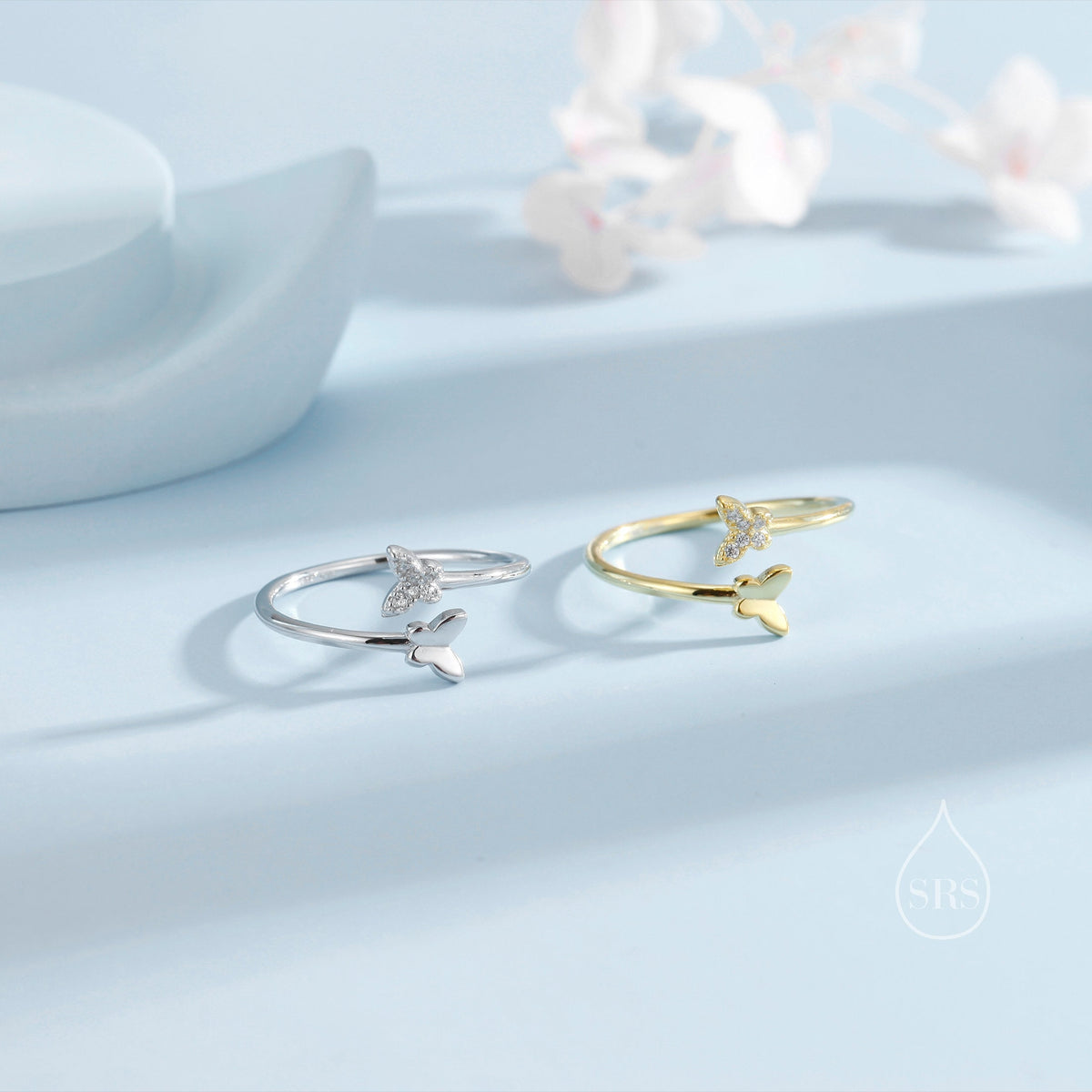 Double Butterfly Open Ring in Sterling Silver, Adjustable, Butterfly Ring, Open Ring, Butterfly CZ Ring