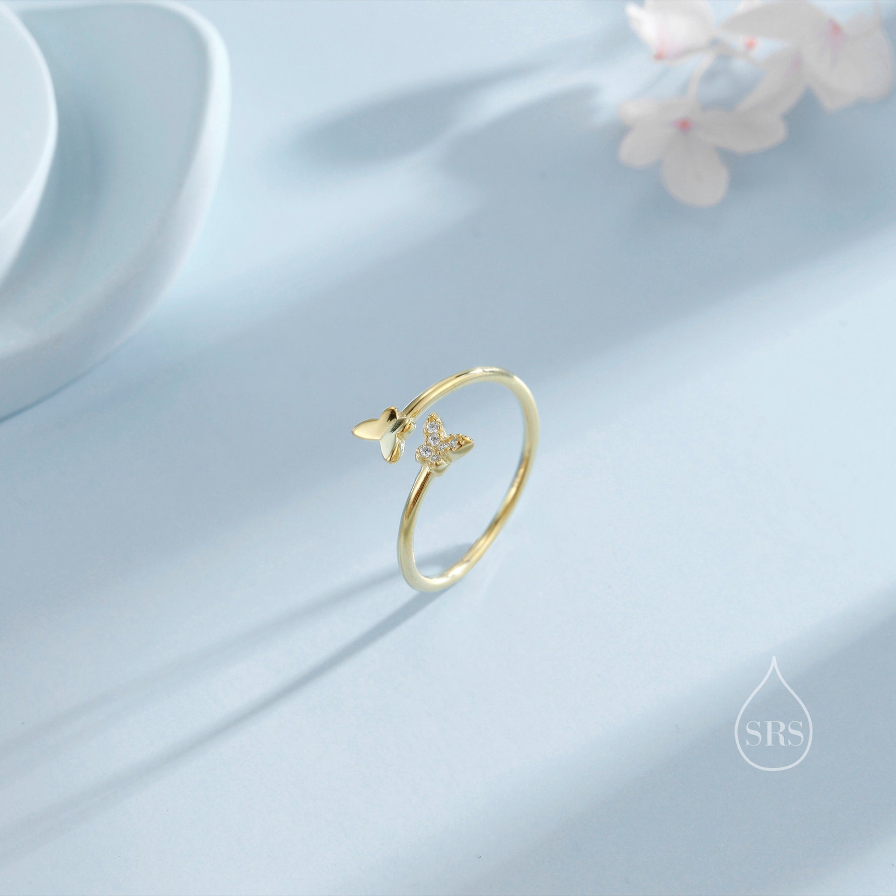 Double Butterfly Open Ring in Sterling Silver, Adjustable, Butterfly Ring, Open Ring, Butterfly CZ Ring
