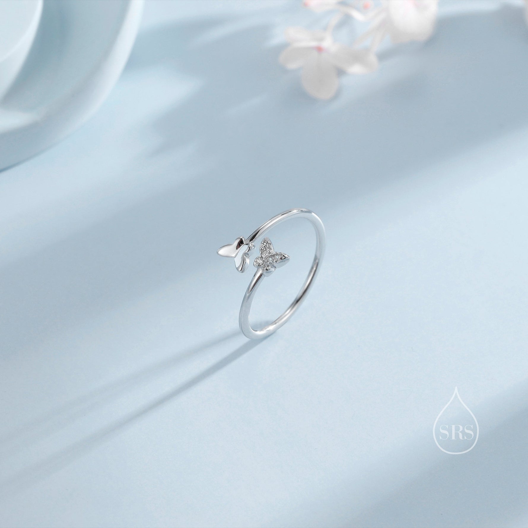 Double Butterfly Open Ring in Sterling Silver, Adjustable, Butterfly Ring, Open Ring, Butterfly CZ Ring