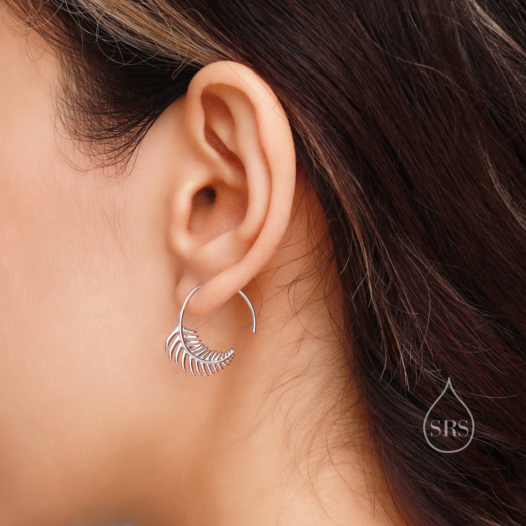 Sterling Silver Fern Leaf Open Hoops, Dainty Leaf Large Threader Hoops, Leaf Branch Thread Through Hoops, Large Leaf Hoops