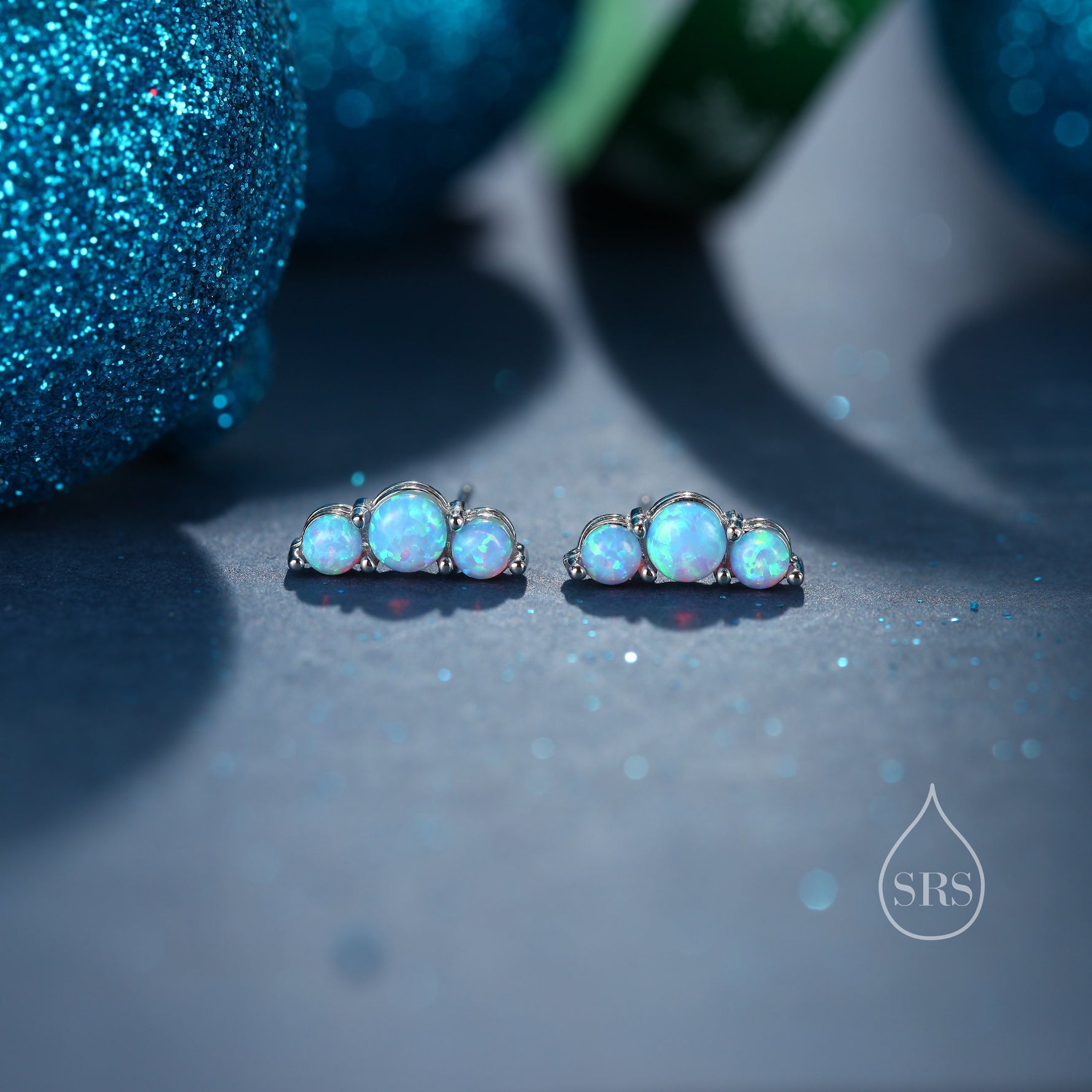 Tiny Blue Opal Trio Stud Earrings in Sterling Silver, Silver or Gold, Three Opal Earrings, Opal Stud, Small Opal Earrings