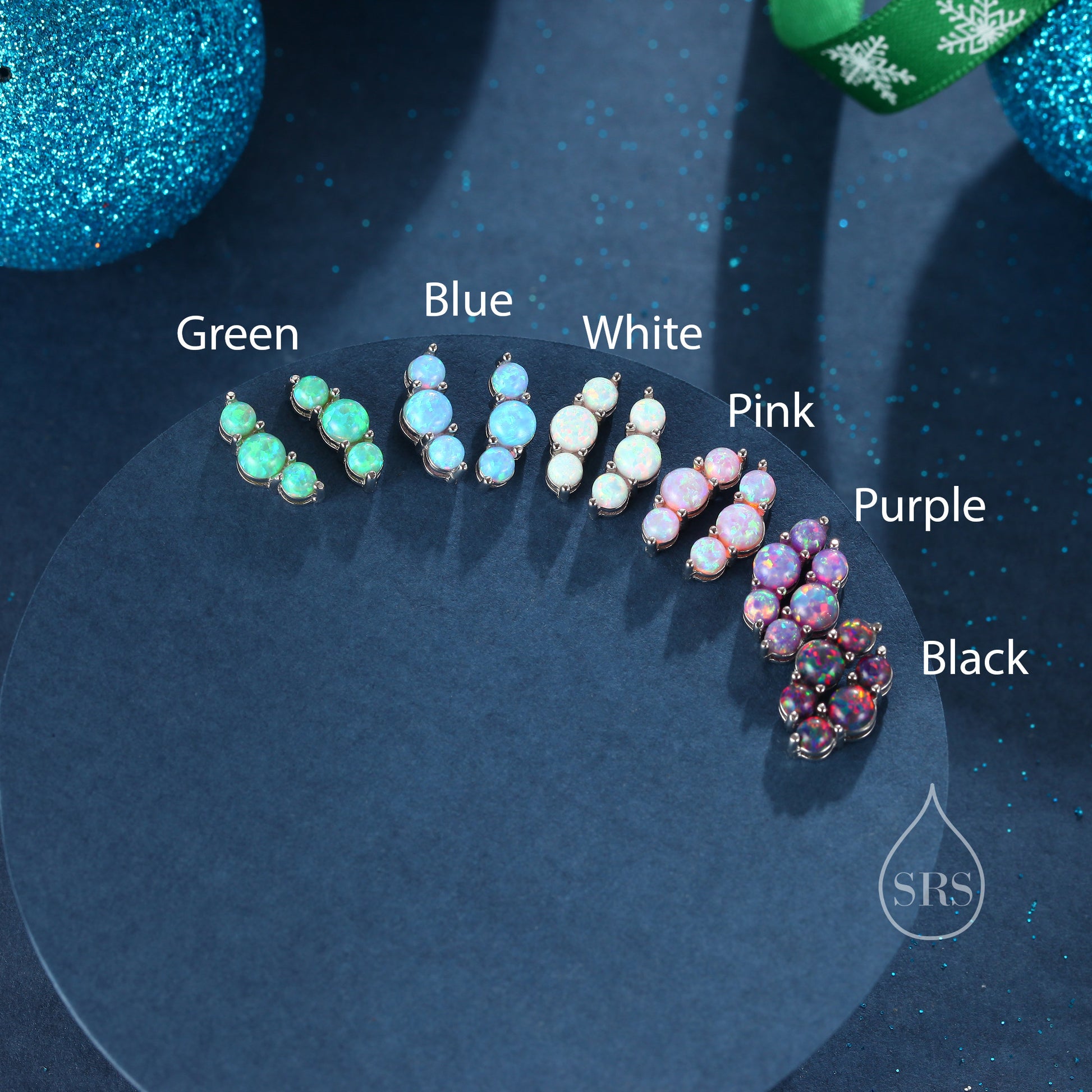 Tiny Blue Opal Trio Stud Earrings in Sterling Silver, Silver or Gold, Three Opal Earrings, Opal Stud, Small Opal Earrings