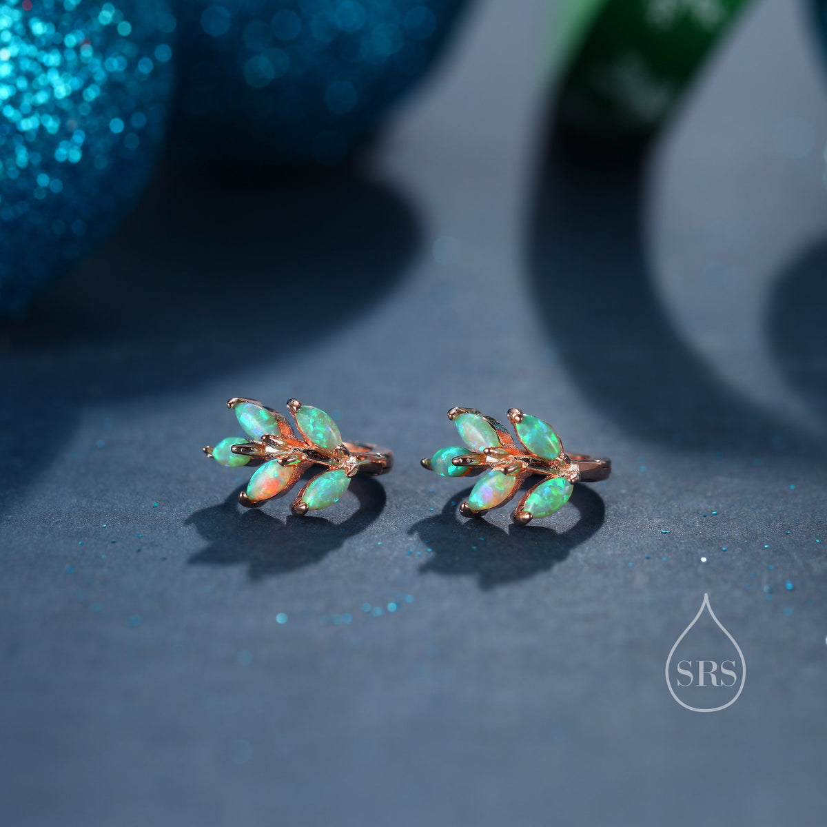 Opal Leaf Huggie Hoop Earrings in Sterling Silver, Silver or Gold or Rose Gold, White Opal Marquise or Green Opal Hoop Earrings