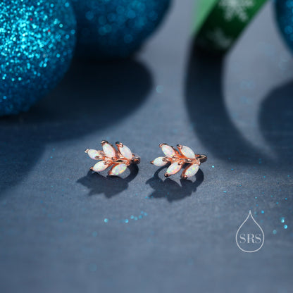 Opal Leaf Huggie Hoop Earrings in Sterling Silver, Silver or Gold or Rose Gold, White Opal Marquise or Green Opal Hoop Earrings