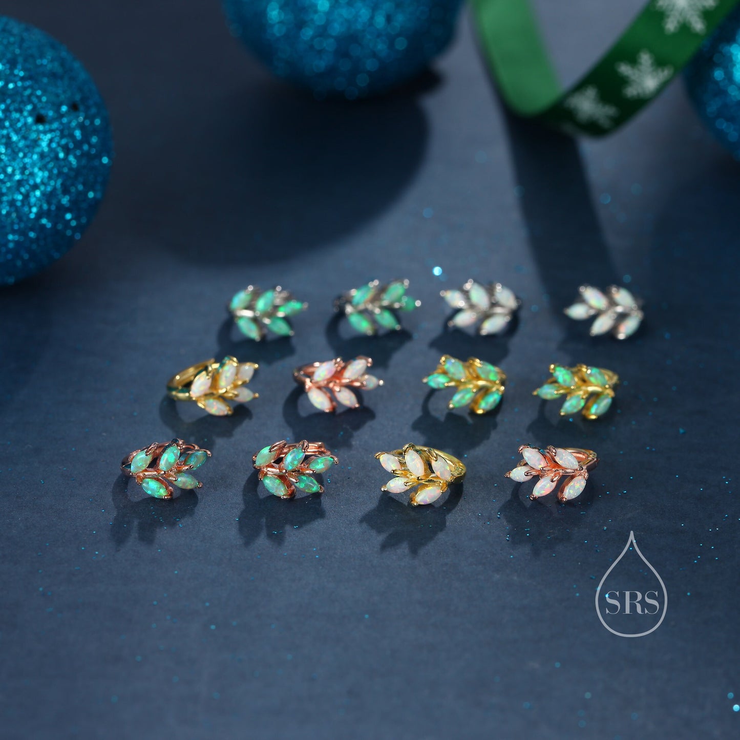 Opal Leaf Huggie Hoop Earrings in Sterling Silver, Silver or Gold or Rose Gold, White Opal Marquise or Green Opal Hoop Earrings