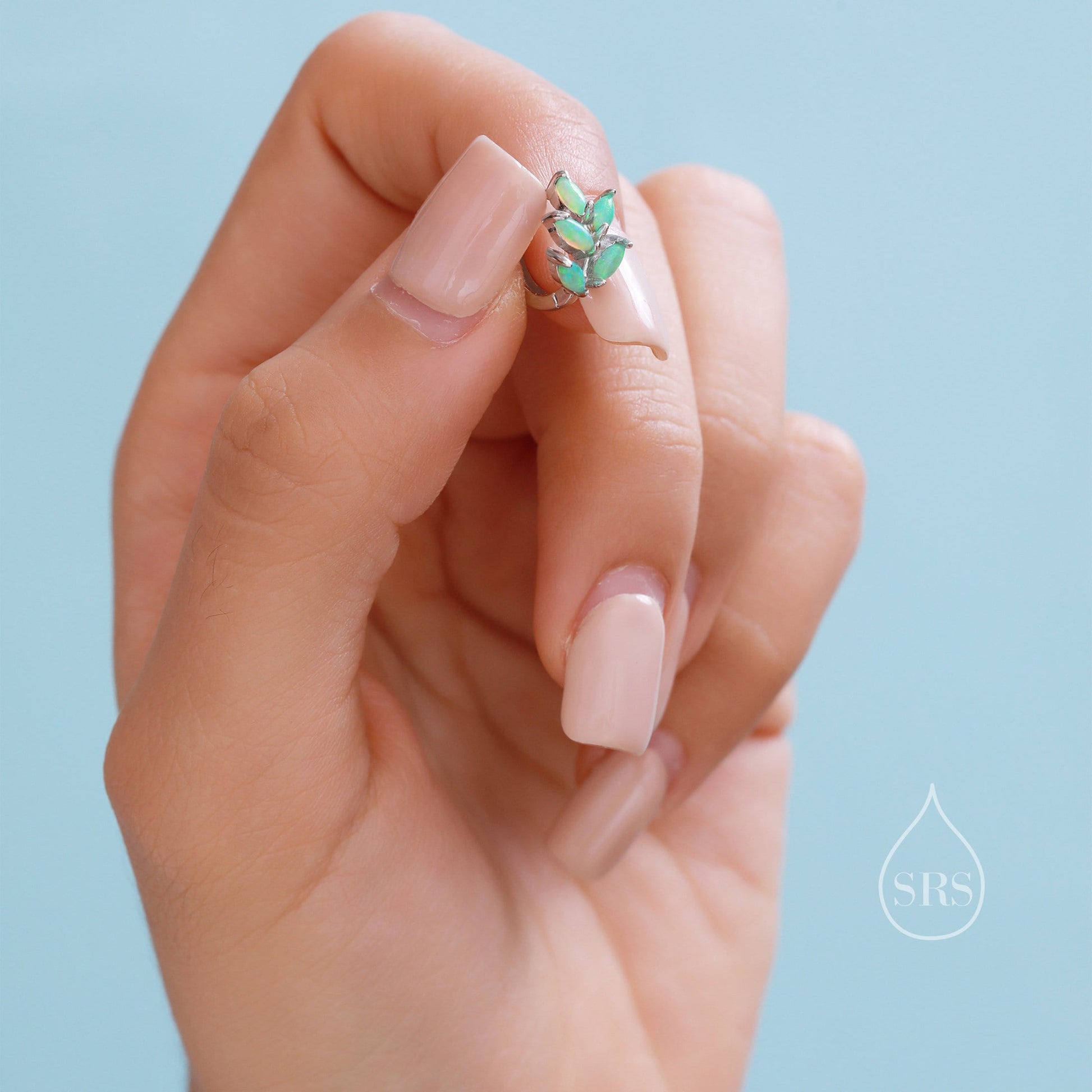 Opal Leaf Huggie Hoop Earrings in Sterling Silver, Silver or Gold or Rose Gold, White Opal Marquise or Green Opal Hoop Earrings