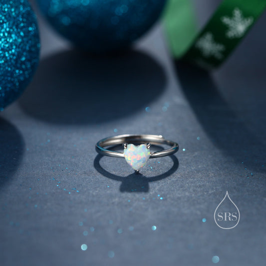 Fire Opal Heart Ring in Sterling Silver, Adjustable Size Opal Ring, Prong Set, Lab Opal Stone Ring, Opal Ring, Delicate Stacking Ring