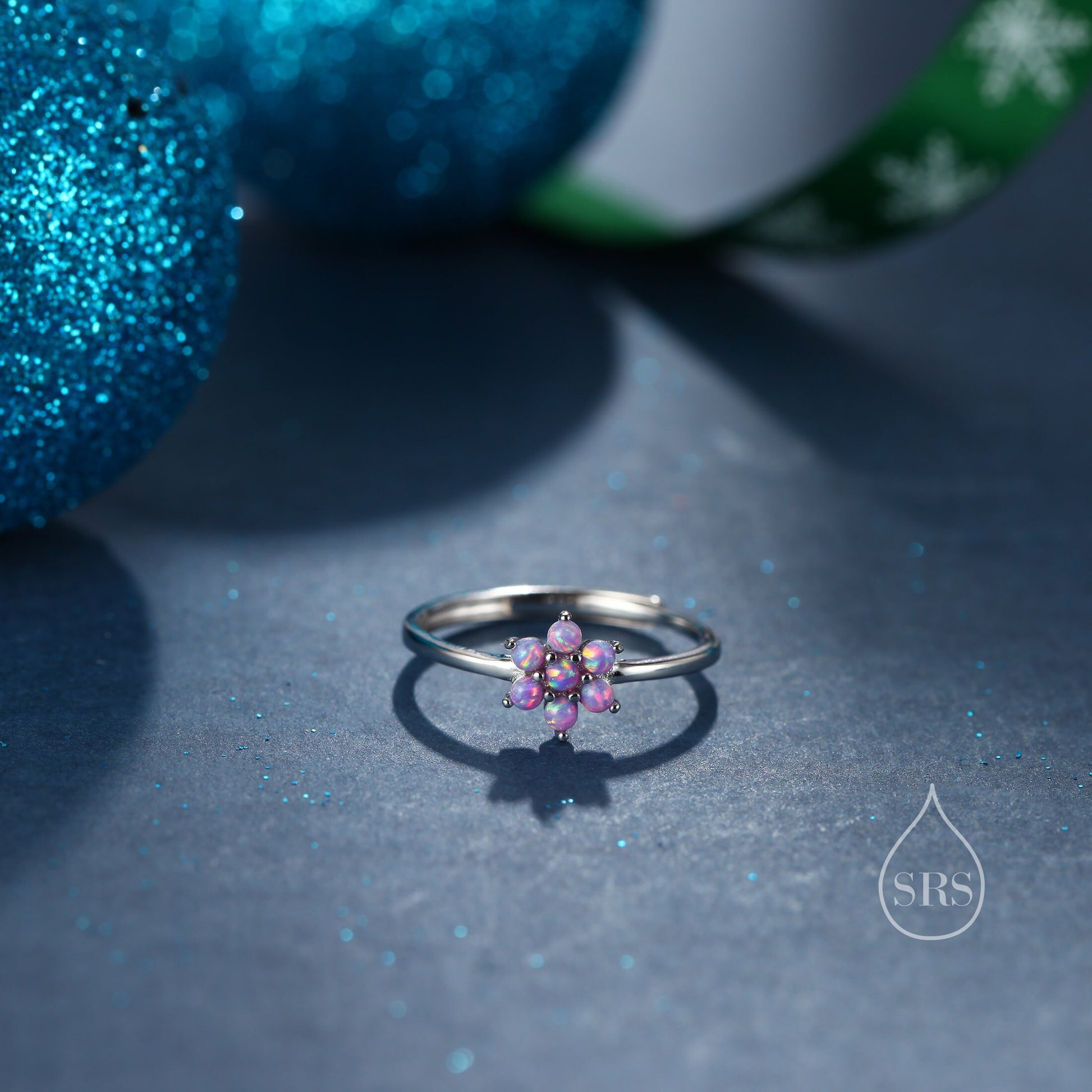 Opal Flower Ring in Sterling Silver, White/ Purple/Blue Opal Flower, Lab Opal Stone Ring, Delicate Stacking Ring