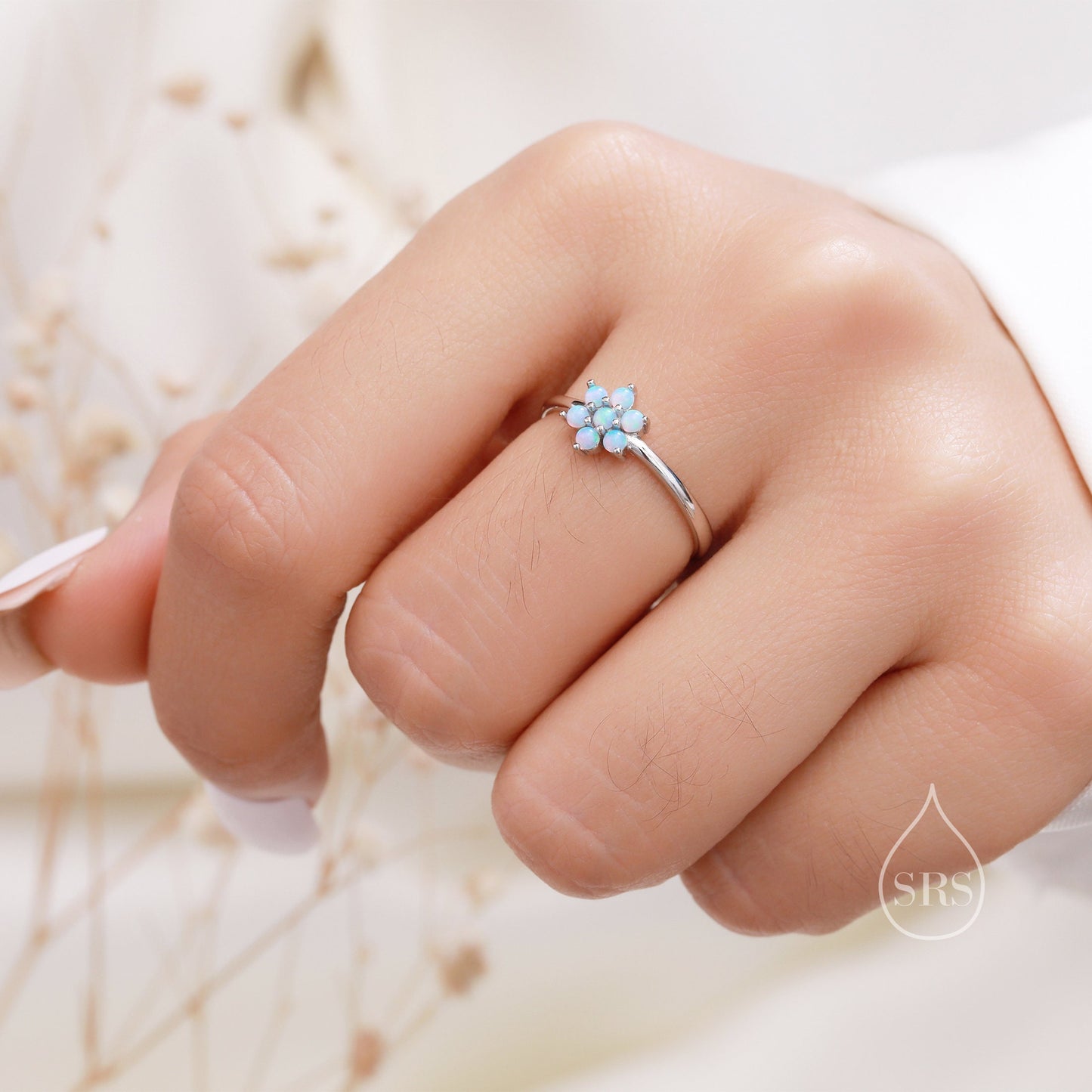 Opal Flower Ring in Sterling Silver, White/ Purple/Blue Opal Flower, Lab Opal Stone Ring, Delicate Stacking Ring