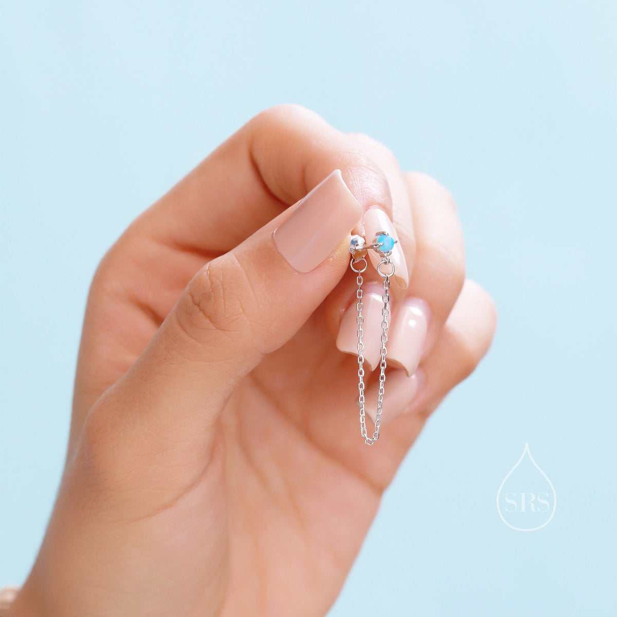 Tiny Opal Chain Ear Jacket Earrings in Sterling Silver, Silver or Gold, Blue Opal or White Opal, Front and Back Earrings, Chain Earrings