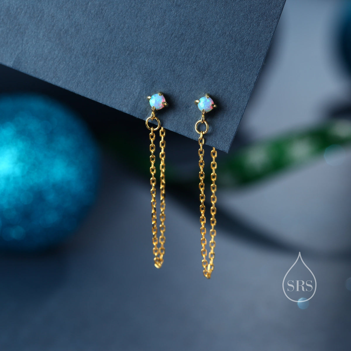 Tiny Opal Chain Ear Jacket Earrings in Sterling Silver, Silver or Gold, Blue Opal or White Opal, Front and Back Earrings, Chain Earrings