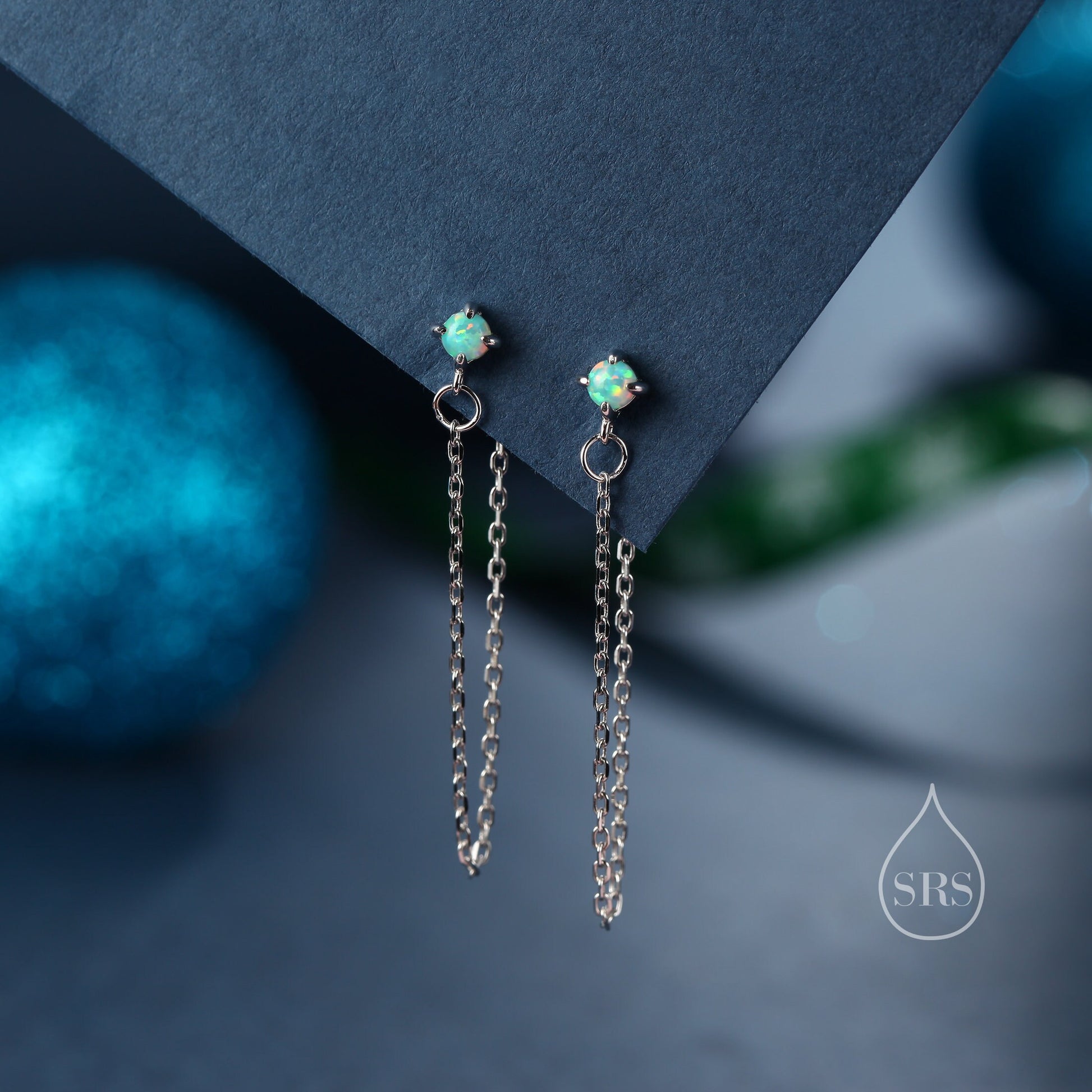 Tiny Opal Chain Ear Jacket Earrings in Sterling Silver, Silver or Gold, Blue Opal or White Opal, Front and Back Earrings, Chain Earrings