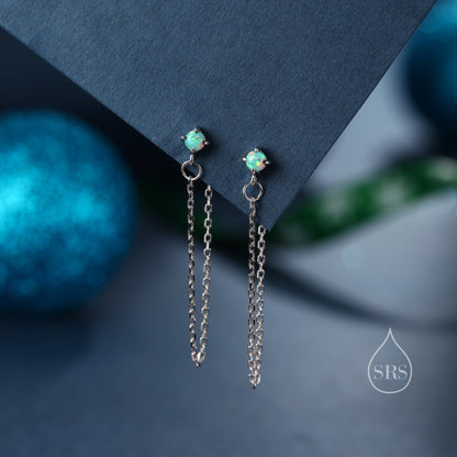 Tiny Opal Chain Ear Jacket Earrings in Sterling Silver, Silver or Gold, Blue Opal or White Opal, Front and Back Earrings, Chain Earrings