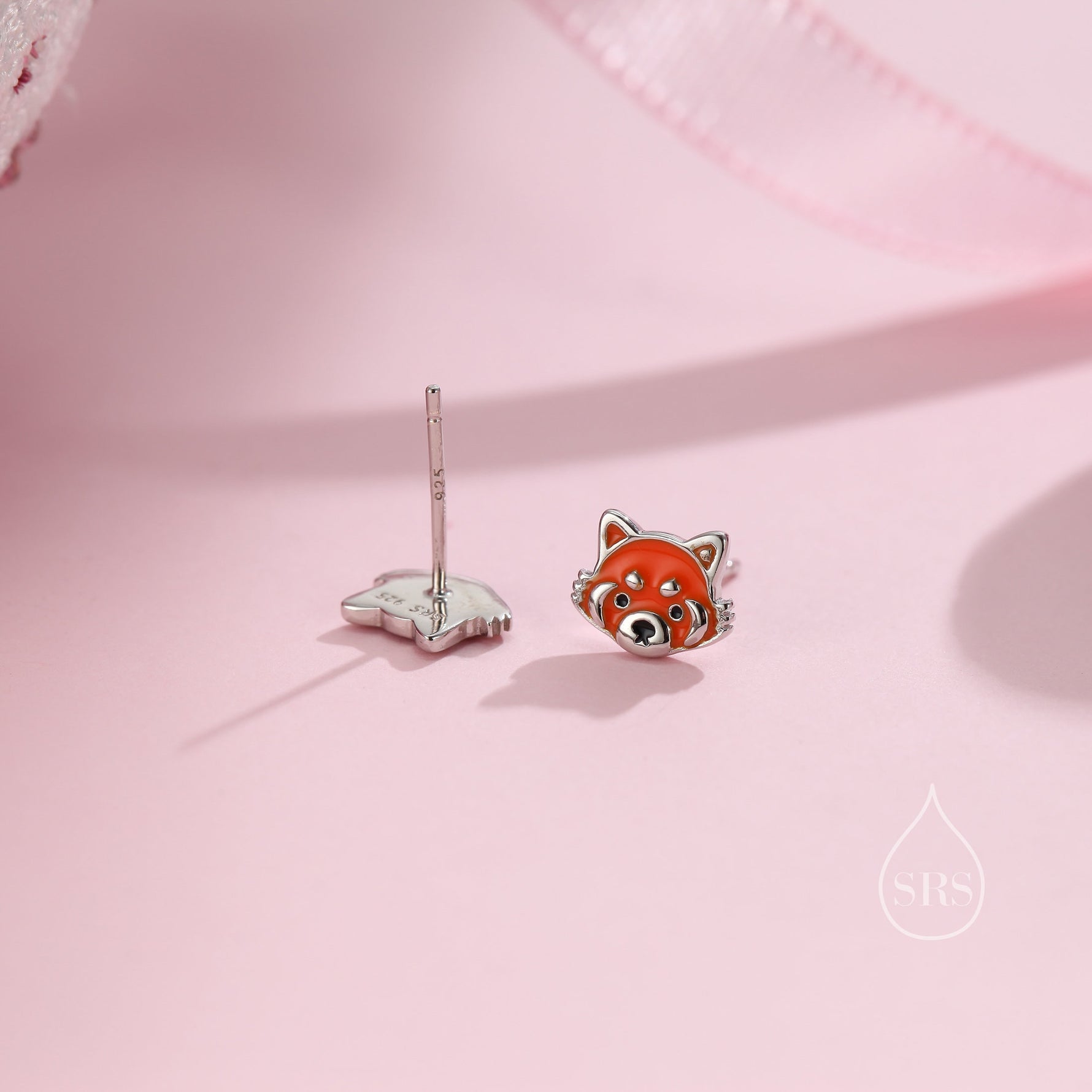 Enamel Red Panda Stud Earrings in Sterling Silver, Red Panda Stud, Red Panda Earrings, Panda Bear Earrings
