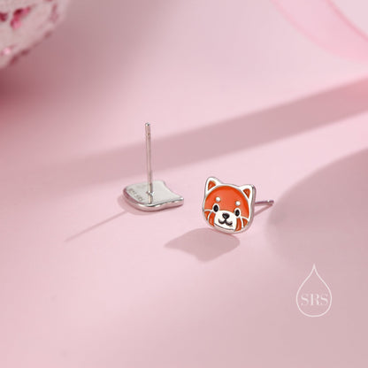 Enamel Cute Red Panda Stud Earrings in Sterling Silver, Smiling Red Panda Stud, Red Panda Earrings, Panda Bear Earrings