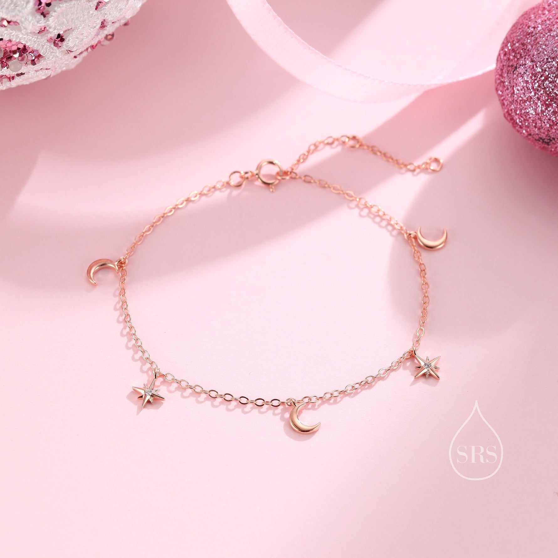Sterling Silver Moon and CZ Star Bracelet, Silver or Gold or Rose gold, Moon and Star Charm Bracelet, Celestial Jewellery