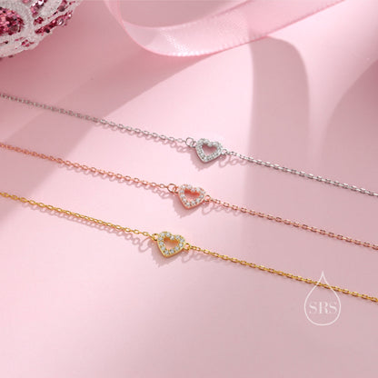 Sterling Silver Open Heart CZ Bracelet, Silver or Gold or Rose gold, Single Heart Bracelet, Cutout Heart Bracelet