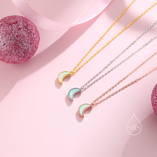 Extra Tiny Opal Moon Necklace in Sterling Silver, Silver or Gold or Rose Gold, Blue Opal or White Opal Necklace