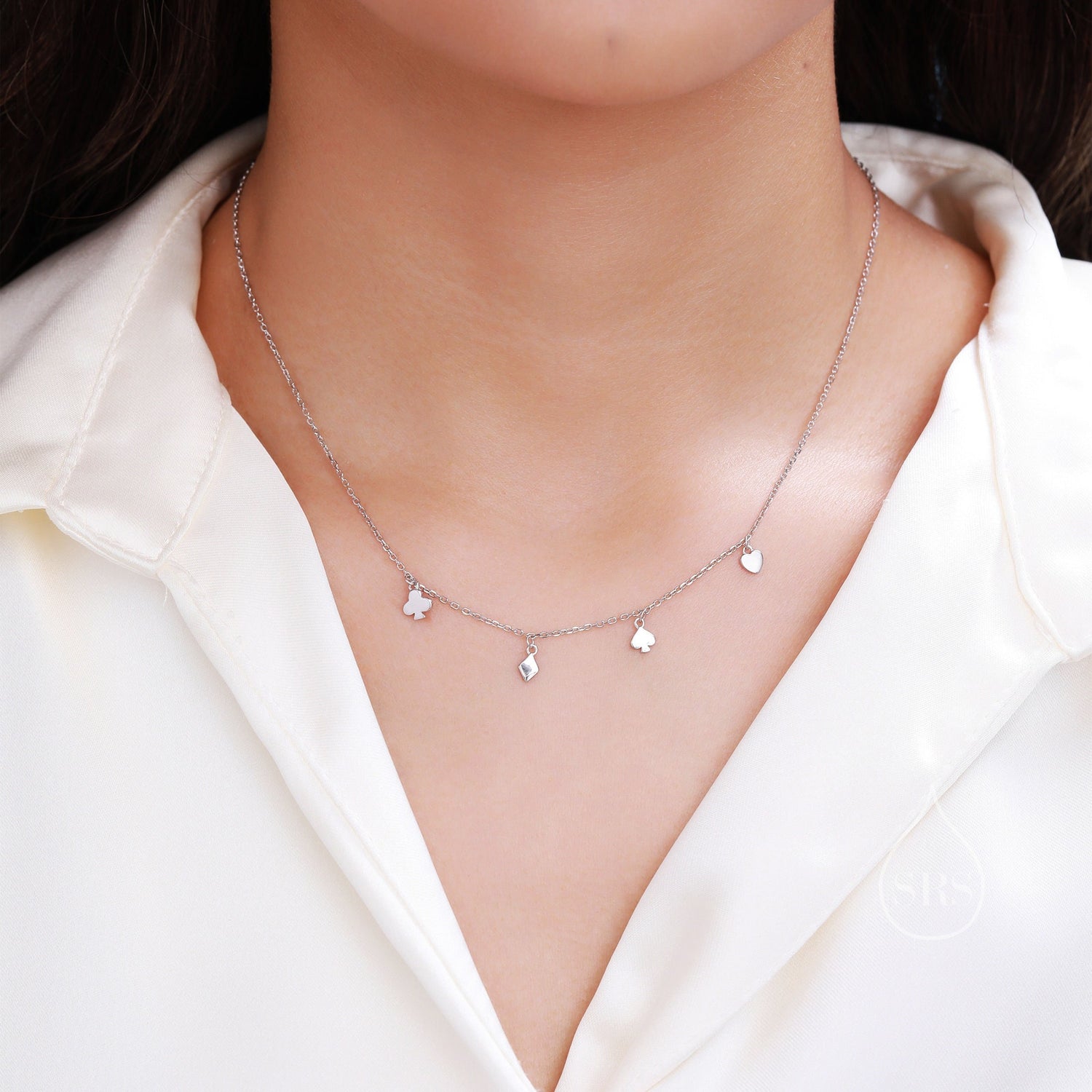 Playing Card Suits Necklace in Sterling Silver, Poker Necklace, Hearts, Spades, Diamonds and Clubs Necklace