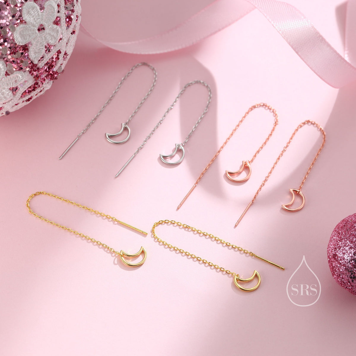 Open Moon Ear Threaders in Sterling Silver, Delicate Hollow Moon Threader Earrings, Dainty Open Moon Dangle Earrings