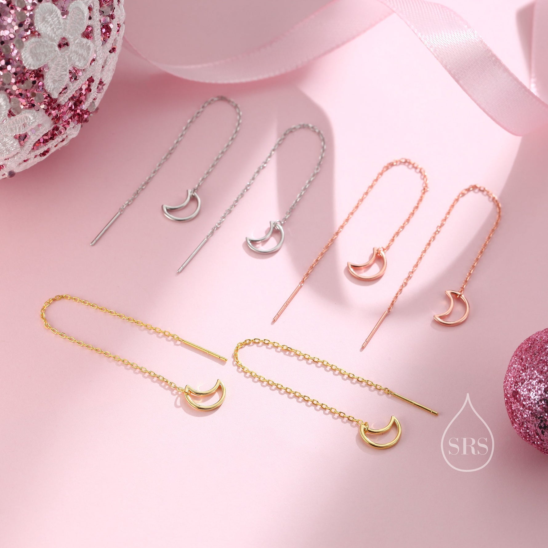 Open Moon Ear Threaders in Sterling Silver, Delicate Hollow Moon Threader Earrings, Dainty Open Moon Dangle Earrings